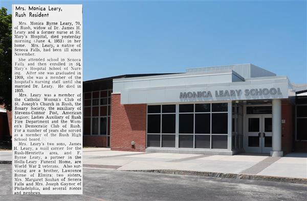 The front entrance of Leary with Mrs. Leary's obituary superimposed